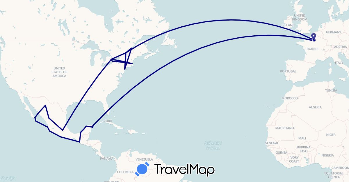 TravelMap itinerary: driving in Canada, France, Mexico, United States (Europe, North America)